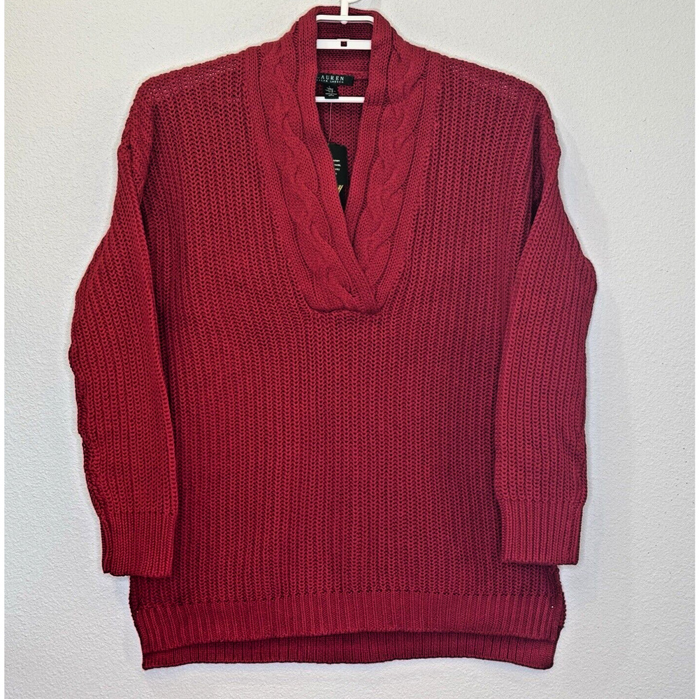 Lauren Ralph Lauren Chunky Knit Womens Sweater‎ Large Red High V-Neck Cotton NEW